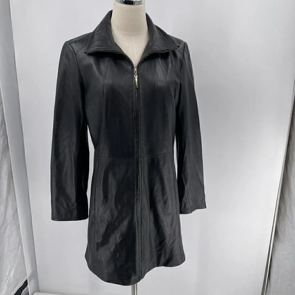 Ellen Tracy Women's Soft Black Leather Jacket Medium Long Full Zip